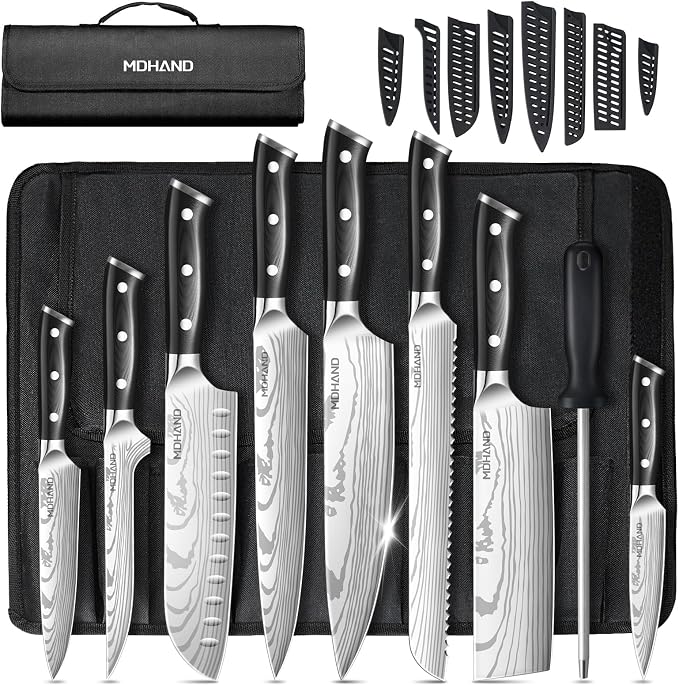 Chef Knife Set with Roll Bag, Sharp Professional Chef Knives Set | High Carbon Stainless Steel 18PCS Kitchen Knife Set with Sharpener, Ergonomic Handle, Kitchen & Home Cooking, Dishwasher Safe