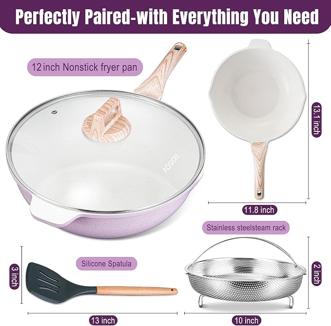 AOSION 12 Inch Nonstick Ceramic Deep Frying Pan, Large Ceramic Skillet. | Lid & Steam Rack, 5.5QT Sauté Pan, Stay Cool Handle, Induction Compatible, PFOA & PFAS Free
