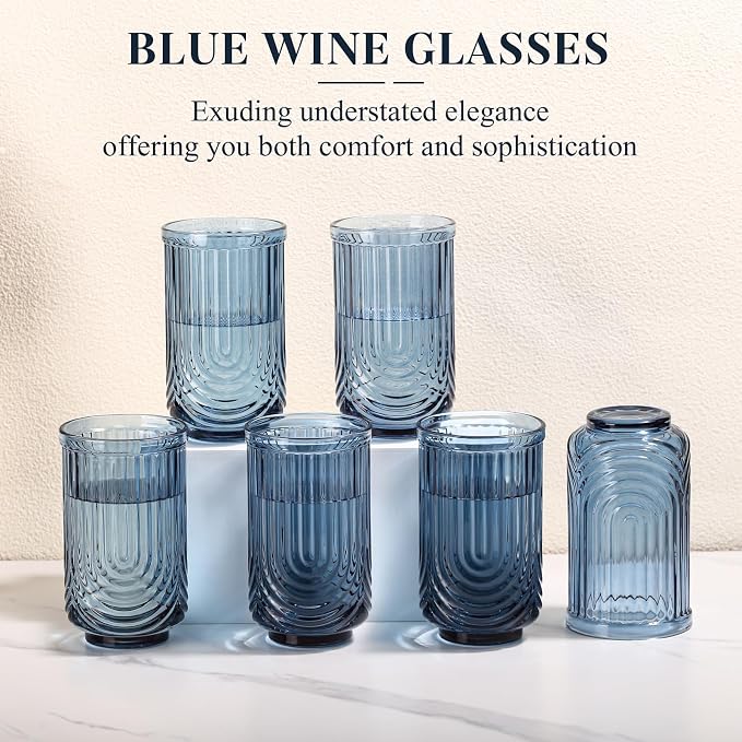 Blue Vintage Drinking Glasses Set of 6-17oz Hand-Blown Highball Ribbed Glassware, Arch Design Cocktail Glasses for Whiskey Water Beverages Ice Coffee Juice Milk