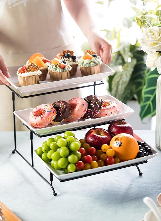 LYEOBOH 3 Tier Serving Tray, Tiered Serving Tray, Platters for Food Display | Tiered Serving Stand and Platters Set, 12 Inches Tier Serving Platter for Party, Dessert, and Cupcake, with Collapsible Rack