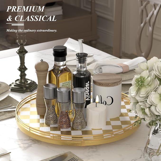 AMH 16-Inch Gold and White Checkerboard Lazy Susan with Rubberwood Base | Smooth rotating oak tray with walnut finish for dining tables, kitchen counters, pantries and cabinet storage.