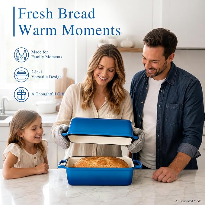 11x5 Inch Cast Iron Loaf Pan with Lid, Sourdough Bread Baking | Large Loaf Pans for Baking Bread, Even Heat Distribution Loaf Dutch Oven for Homemade Bread, Meatloaf (5.8Qt, Marseille)