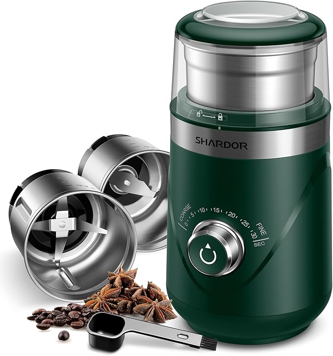 SHARDOR Electric Super Silent Blade Coffee Grinder, Timed Grind Control Rotary Knob, Adjustable Coarse to Fine for Coffee Beans, Spices & Herbs, with 2 Removable Stainless Steel Bowl, Green