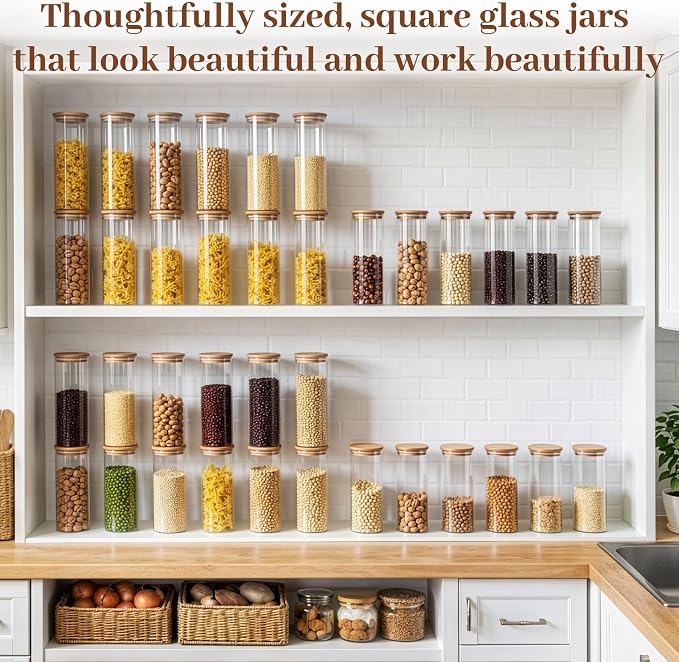 Stackable Glass Food Storage Containers with Lids [Set of 8 ], Airtight Glass Canister for Kitchen & Pantry Organization, Clear Borosilicate Jars for Pasta, Cereal, Flour, Sugar, Nuts