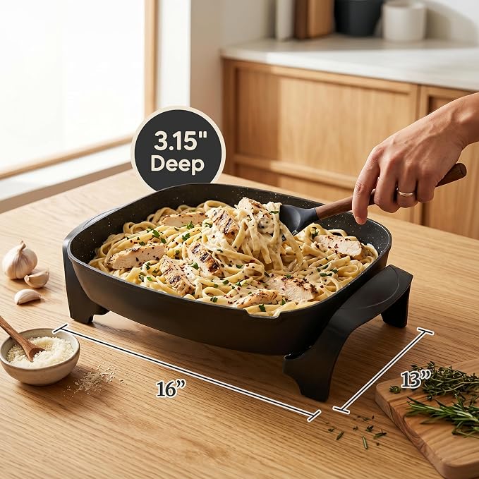 Elite Gourmet EG-6203# Non-Stick Electric Skillet, 10.5Qt, Black | Pour Spout, Glass Vented Lid, Long-Lasting, 200-400°F Adjustable Temp, Dishwasher Safe, Serves 6-8 - Extra-Deep 16"x13"