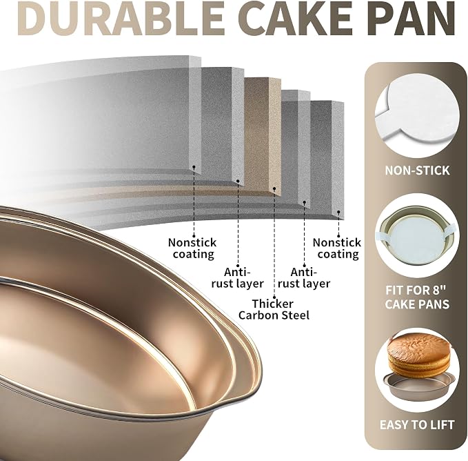 6 Inch Cake Pan, 3PCS Nonstick Round Cake Pans with 50 PCS Parchment Paper, Durable Birthday Circle Cake Baking Pan with Handle for Multi-Layer Cakes, Dishwasher Safe (Gold, 6")