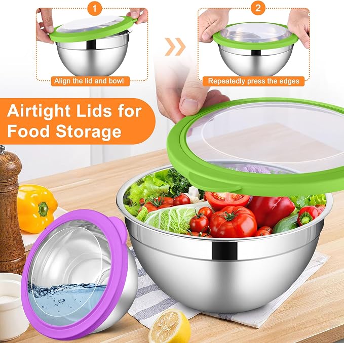 LIANYU Mixing Bowls with Visible Lid Sets, Size 7, 3.5, 2.5, 2, 1.5, 1QT | Large Stainless Steel Cooking Bowls, Nesting Metal Serving Bowl for Kitchen, Baking, Storage, Food Prepping, Multi-Color