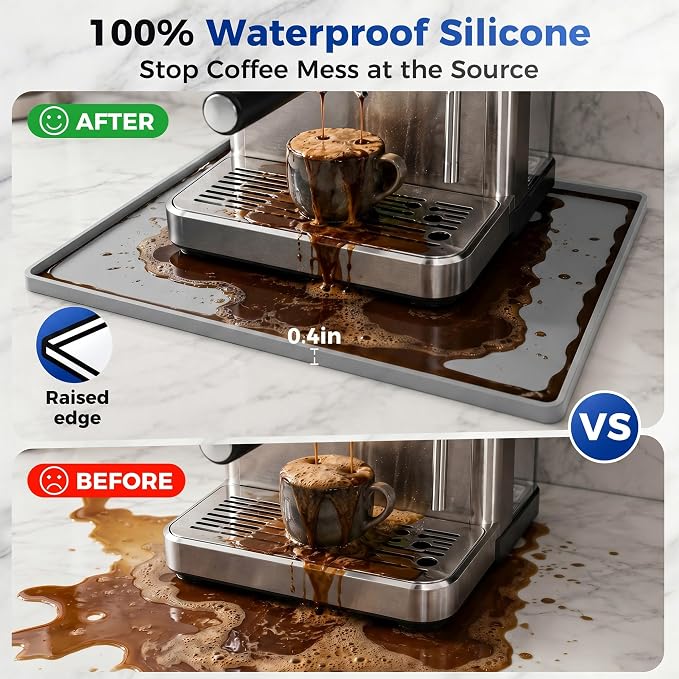 Golener Coffee Bar Mat, Silicone Coffee Mat with Raised Edges, 24"x16" | Coffee Mat for Countertop, Waterproof Coffee Station Mat, Dish Drying Mat Under Rack, Heat Resistant Coffee Machine Mat, Gray