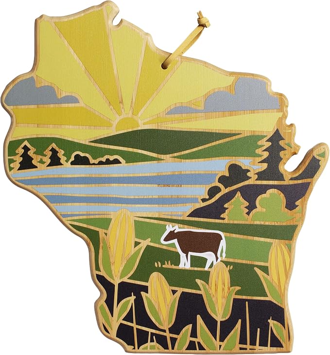 Totally Bamboo Wisconsin State Shaped Cutting Board, Summer Stokes Art | State charcuterie board with colorful hand-drawn landscape art. Smooth reverse side for food prep. Hang tie for wall display.