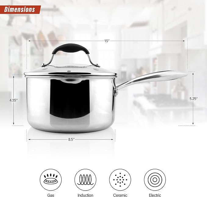 AVACRAFT 3.5 Quart Tri-Ply Stainless Steel Saucepan with Glass Strainer Lid | 18/10 Stainless Steel, Full Tri-Ply Body, Glass Strainer Lid, Pour Spouts, Induction Compatible, Oven Safe, Dishwasher Safe