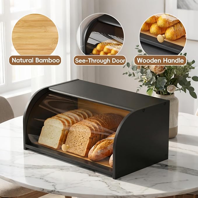 Roll Top Bread Box for Kitchen Countertop with Clear Lid | Natural bamboo, clear roll-top lid. Airtight small breadbox. Fits homemade loaves, bagels, pastries. Easy assembly.