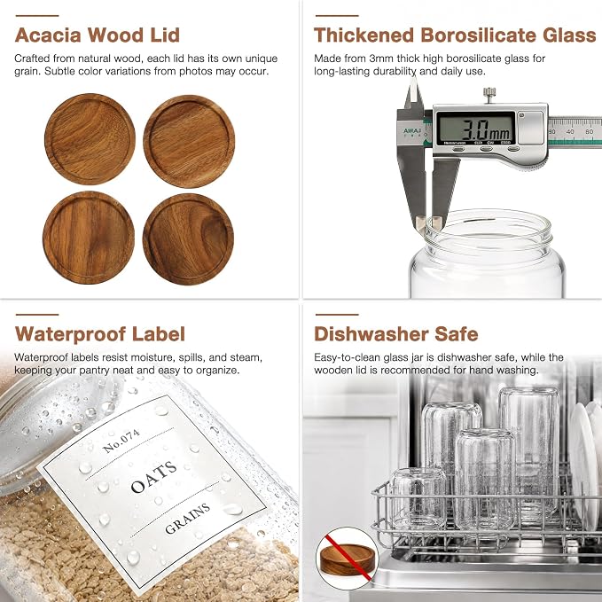 CONNOO 2-Pack 50oz Glass Storage Containers with Wood Lids | Pantry Organizers with Wooden Lids, Store Short Pasta, Flour & Dry Foods, Includes 120 Waterproof Labels for a Neat Kitchen