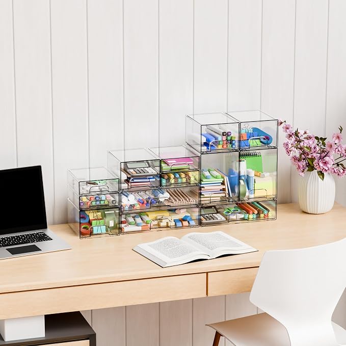 2.2'' Tall Small Clear Stackable Storage Drawers,6 Pack Stacking Acrylic Organizers Drawers for Hair Accessories,Makeup,Pen,Art Crafts,Office Supply Organizer and Desktop Plastic Mini Drawers