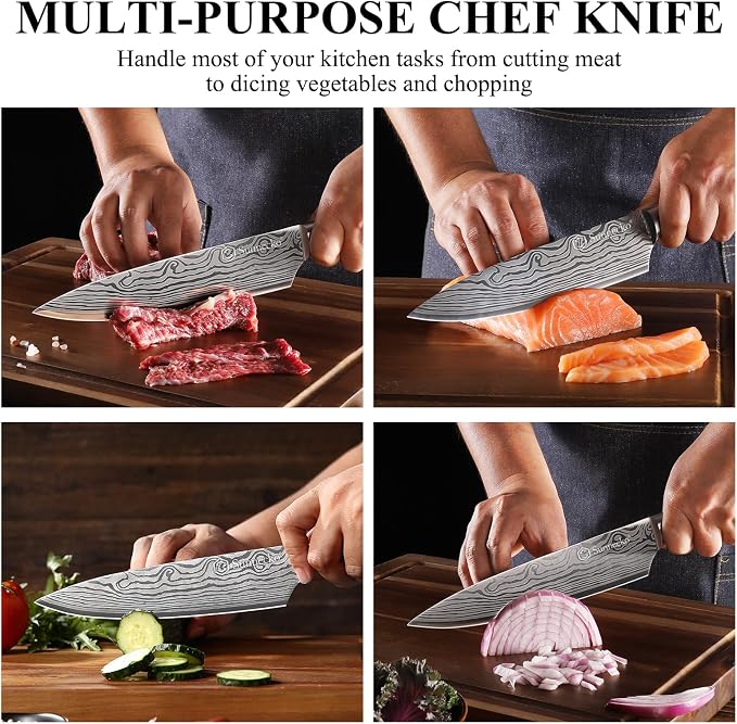 8 Inch Chef Knife - Ultra Sharp Vegetable Kitchen Knife | 12-15 Degree Edge for Meat Cutting Japanese Style, High Carbon Stainless Steel, Pakkawood Handle & Sheath, Cooking & BBQ Gift