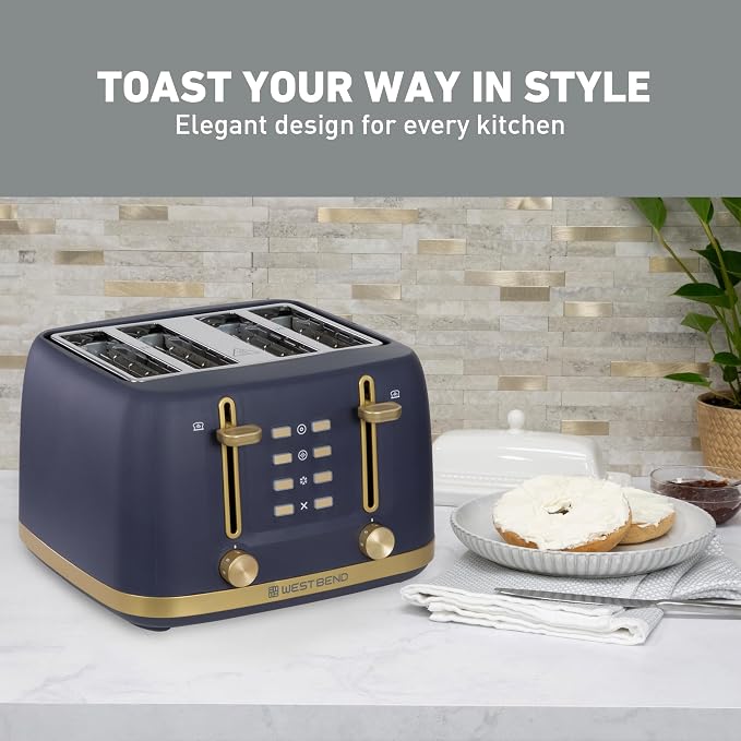 West Bend Timeless 4-Slice Toaster with 7 Browning Levels, Bagel/Waffle/Defrost Settings, High-Lift Lever, Anti-Jam, Easy-Clean Crumb Tray, 4-Slice, Blue/Gold
