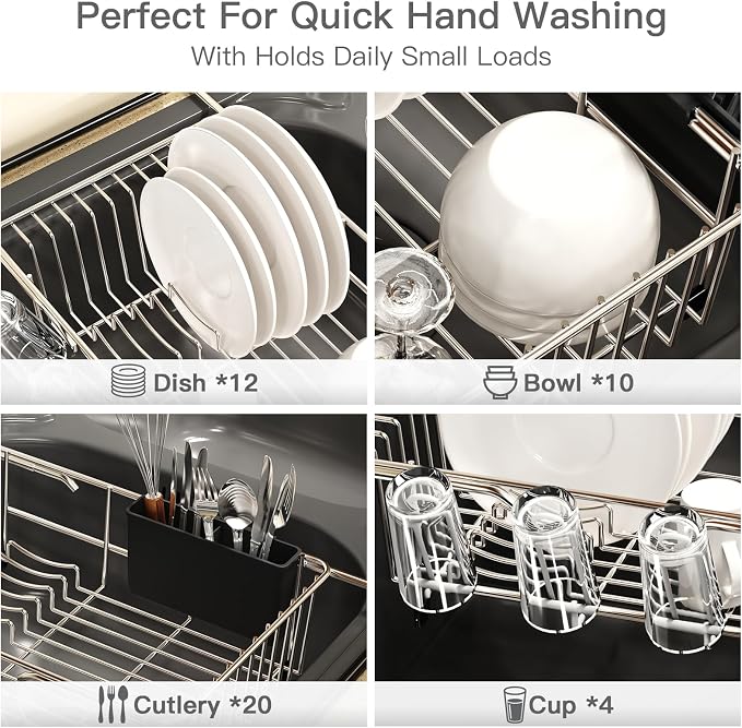Dish Drying Rack Over The Sink with Utensil Holder, Drainboard | Expandable Stainless Steel Dish Drainer for Small Kitchen, Apartment, RV, Counter Space Saving, Perfect Fit, Rustproof