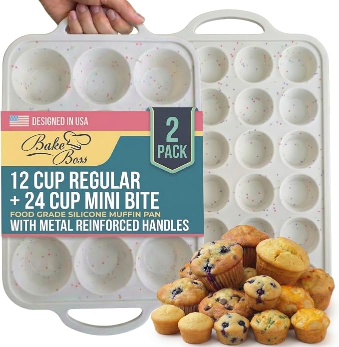 Silicone Muffin Pans, 2-Pack Regular 12 Cup & Mini 24 Cup, BPA-Free | Metal Reinforced Silicone Muffin Pans for Baking, Nonstick Silicone Cupcake Pan, Easy Release Surface, Dishwasher Safe