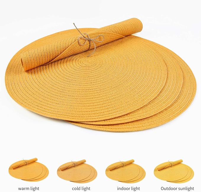 FunWheat Round Braided Placemats Set of 6 Place mats for Dining Tables Woven Heat Resistant Table Mats 15 inch (Yellow,6pcs)