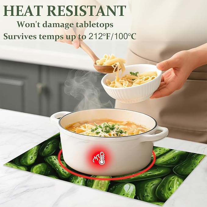 Table Placemats Set of 6,Green Cucumber Cloth Placemats,Vegetable Food Theme Heat-Resistant Table Mats for Kitchen Dining Room Decoration,Non-Slip Fabric Place Mats 11.8x17.7 Inch