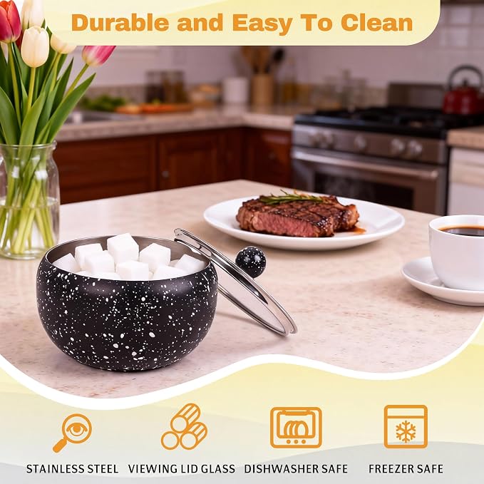 holoith Sugar Container with Glass Lid and Spoon, 16oz Snowflake pattern Stainless Steel Sugar Bowl for Coffee Bar Station Accessories Kitchen Storage for Salt, Candy, Coffee Bean (Black) | 16oz Snowflake pattern Stainless Steel Sugar Bowl for Coffee B...