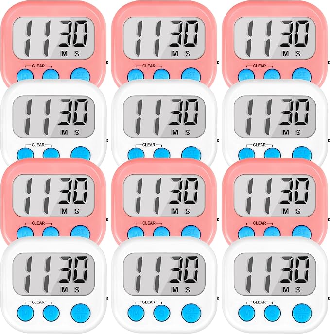 Timer for Kids Digital Kitchen Timers for Cooking- 12 Pack White Pink | Countdown Timer for Classroom Study Exercise Teacher Supplies, Strong Magnetic, Loud Alarm, Large Screen, Fast Reset, Memory