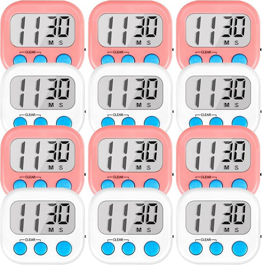 Timer for Kids Digital Kitchen Timers for Cooking- 12 Pack White Pink | Countdown Timer for Classroom Study Exercise Teacher Supplies, Strong Magnetic, Loud Alarm, Large Screen, Fast Reset, Memory