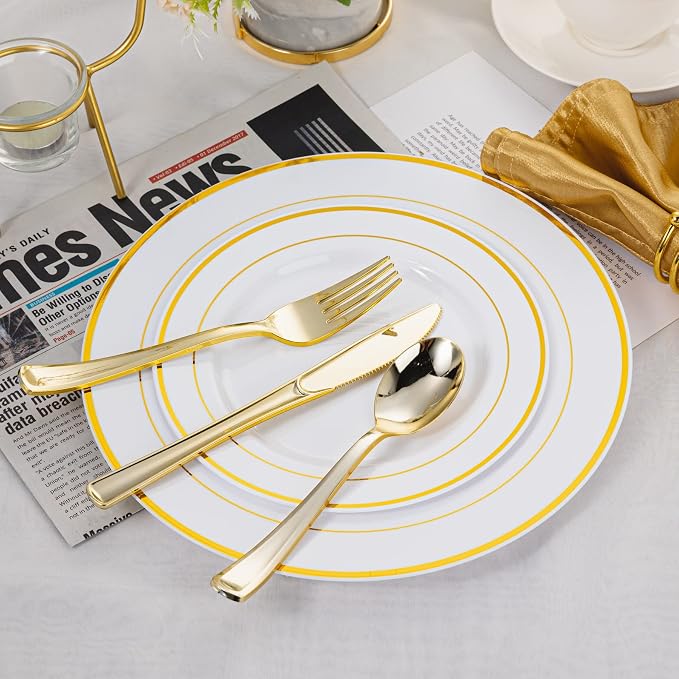 500PCS Gold Plastic Silverware, Disposable Plastic Cutlery/Utensils | Heavy Duty Flatware Kit, 200 Forks, 150 Spoons, 150 Knives, for Party, Wedding, Birthday & Everyday Use