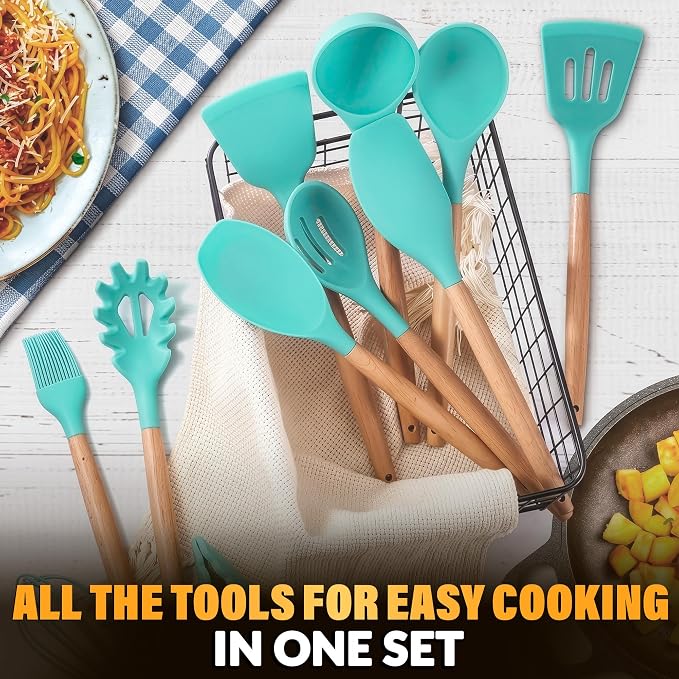 12 Pcs Cooking Kitchen Accessories Set with Holder, Silicone Heads (Teal) | Teal Kitchen Utensils Set for Cooking and Baking; Wooden Handles; Heat-Resistant up to 446°F; Non-Scratch for Nonstick Pans