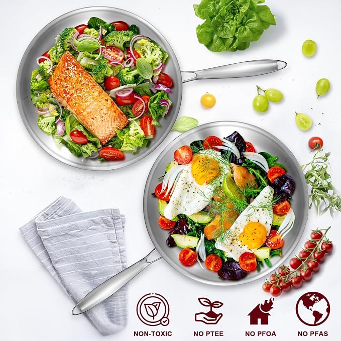 EWFEN 12 Inch Tri-Ply Stainless Steel Frying Pan, Compatible with All Cooktops Up to 600℉, Large Frying Pan Induction-Ready Skillet, Dishwasher and Oven Safe, Even Heat