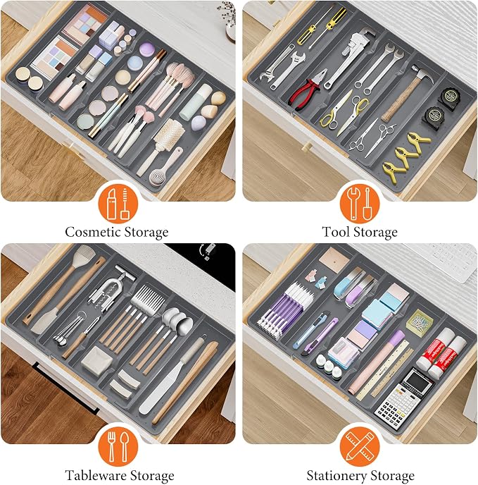 Large Expandable Silverware Drawer Organizer, Utensil Tray | Kitchen Drawer Organizer for Spoons/Forks/Knives, Multipurpose & BPA Free Cutlery Tray(2 Pack, Gray)