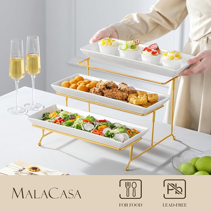 MALACASA 3 Tier Serving Trays for Party, 14 Inch Porcelain White Trays for Serving Food, Dessert Stand with Collapsible Gold Metal Rack | Tiered Serving Stand for Party, Fruit Tray, Trays for Serving Food, Dessert Stand with Collapsible Sturdier Gold M...