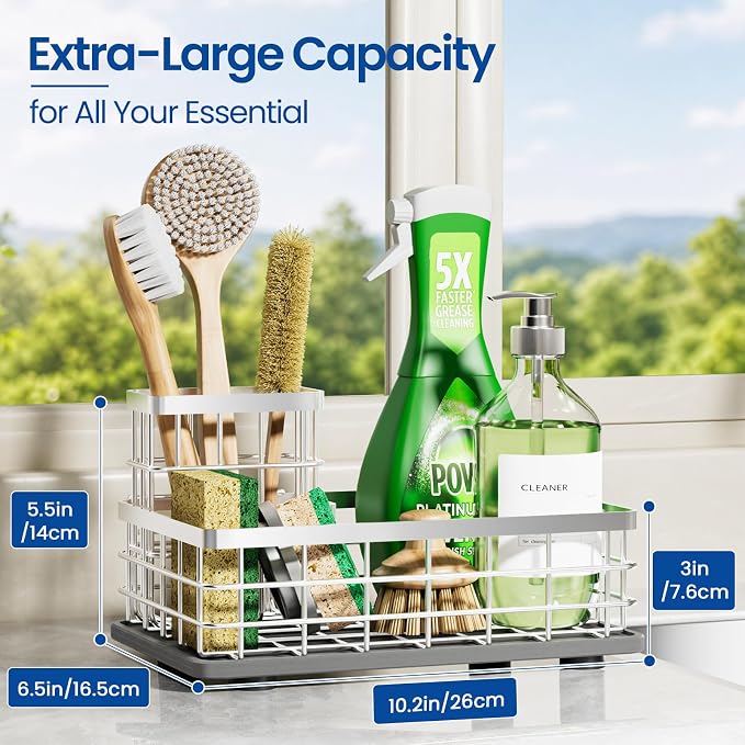Kitchen Sink Caddy Organizer with Sponge & Brush Holder, Stone Drying Mat | Extra-Large Kitchen Countertop Organizer, Stainless Steel Kitchen Sink Accessories with Quick-Dry Soap Tray for Fewer Stains