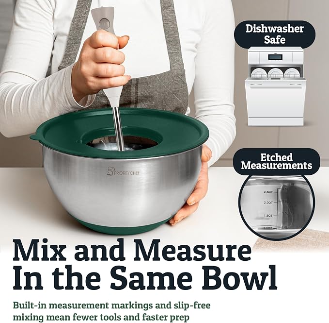 Stainless Steel Mixing Bowls with Lids Set, Metal Nesting Bowls with Airtight Lids, Graters, Non-Slip Base & Measurement Marks, Includes Utensil Set for Prep, Baking & Storage, Green