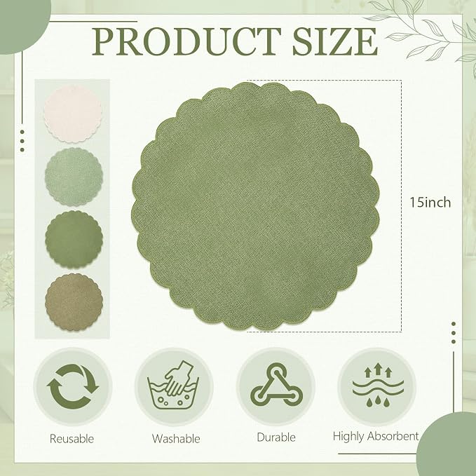 Set of 12 Green Cotton Placemats 15" Round Scalloped | Double Layered Cotton Fabric, Washable Embroidery, Classic Edge, Rustic Table Mats for Wedding Dining Table Decor