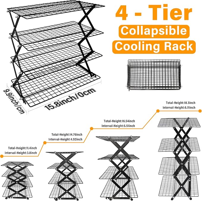 4 Tier Collapsible Cooling Rack, 3 Adjustable Setting Design Wire Baking Rack Stackable Cookies Bread Cooling Racks for Cooking and Baking, Roasting, Drying, Bakers