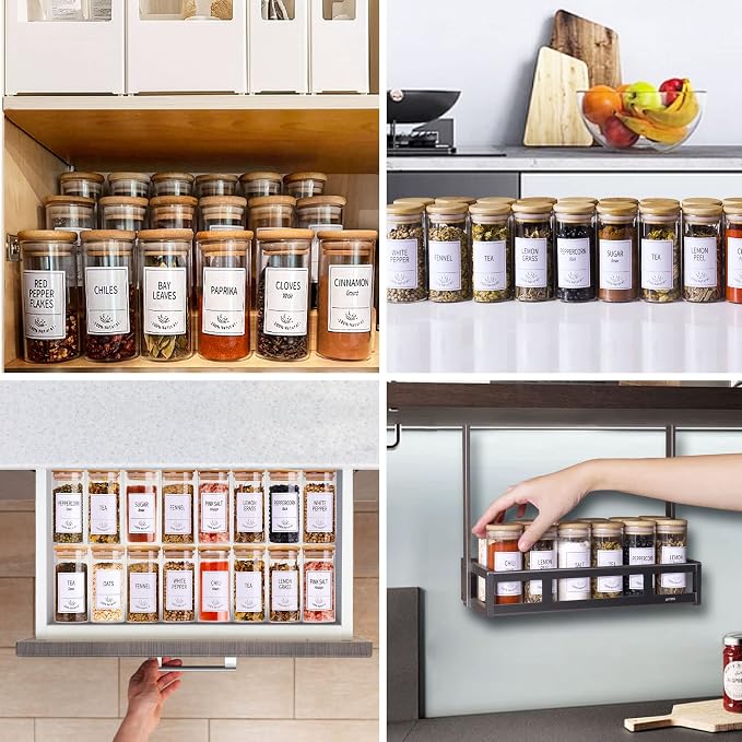 Churboro 30 Pack 4oz Glass Spice Jars with Bamboo Lids, 400 Labels | Empty Spice Bottles with Labels, Airtight Wood Lids, Funnel & Chalk Pen. Keep Seasoning Containers Neat and Organized