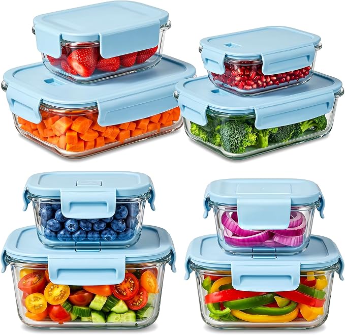 8 Pack Glass Food Storage Containers with Lids(LightBlue) | Meal Prep Containers with Snap Locking Lids, Airtight Lunch Containers for Microwave, Oven, Freezer and Dishwasher, BPA Free