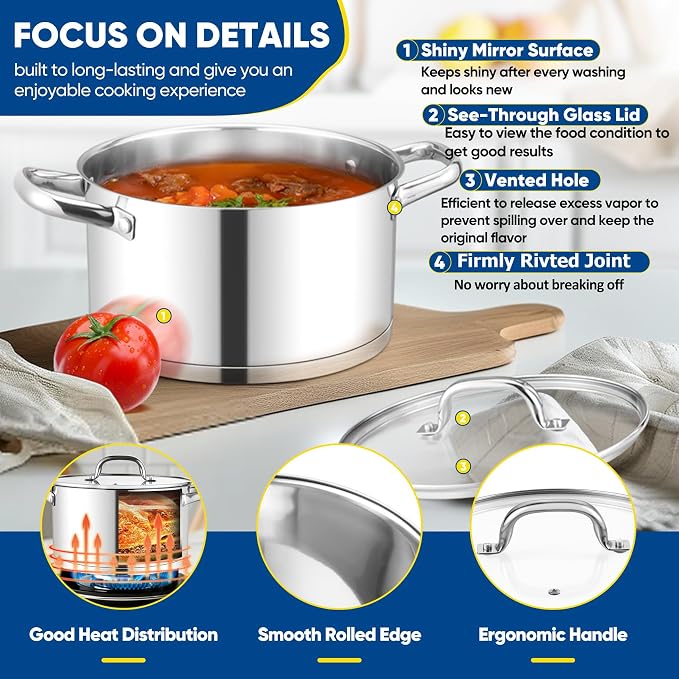 TeamFar 5 QT Stock Pot, Tri-ply Bottom Stainless Steel Stockpot | Cooking Soup Pasta Pot with Lid for Gas/Induction/Electric Stoves, Non-toxic & Heavy Duty, Double Handles & Dishwasher Safe