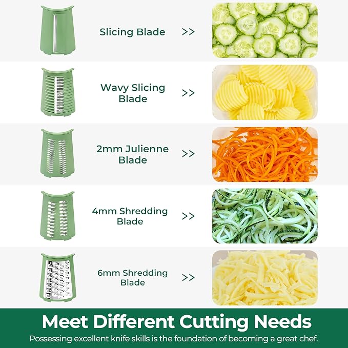SUSTEAS Rotary Cheese Grater 5 Blades,Kitchen Mandoline Vegetable Slicer | Easy to Clean,Strong Suction Base,Blades Storage Box,Round Mandoline Slicer & Food Chopper for Cheese,Salad,Nut, Retro Green