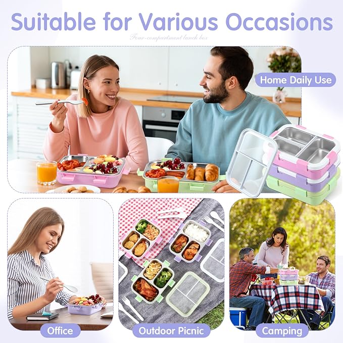 LemonRoad 3 Pcs 304 Stainless Steel Bento Box with Spoon Fork, 24 oz, Pastel