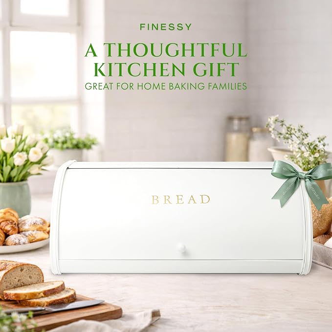 FINESSY Large Bread Box Roll Top, White Metal Bread Box For Kitchen Counter | Bread Box For Homemade Bread, Holds Two Loaves, Bagels & Muffins. White Metal Bread Box With Roll Top Lid 17.3 × 10.4 × 6.8