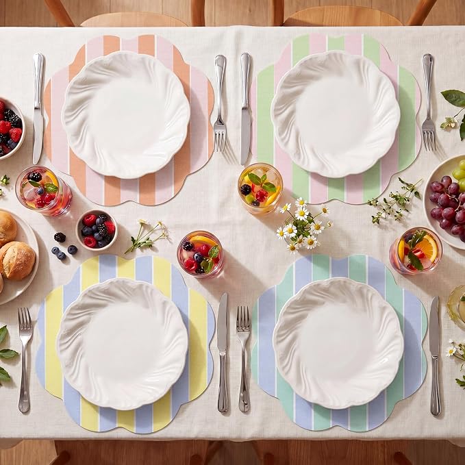 Patelai 48 Pcs Wavy Round Paper Placemats Colorful Pastel Disposable Placemats with Wavy Border for Birthday Wedding Tea Party Banquet Dinner Table Setting (Stripe)