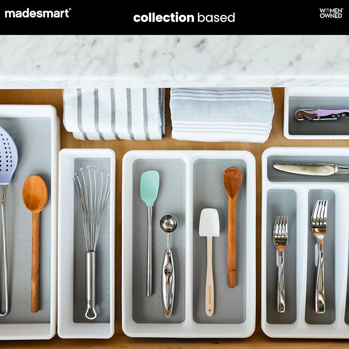 madesmart Classic 2 Compartment Compact Kitchen Tool Tray, White | non slip feet, rounded corners, soft grip lining, wide channels, spatulas whisks tongs, ladles serving spoons, woman owned