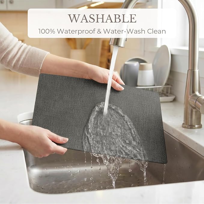 Romanstile Vinyl Placemats Set of 4-12 X 17 Inch - Faux Leather 100% Waterproof Wipeable Anti Slip Place Mats, Heat Resistant Reversible PU Table Mats for Kitchen Dining Party Outdoor, Dark Grey