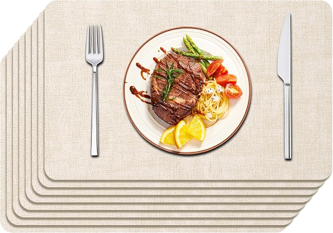 Maxpearl Faux Leather Placemats Set of 8, Easy to Clean, Beige | Waterproof - Heat Resistant - Non Slip - Wipe Clean Dining Table Place Mats, Suitable for Indoor & Outdoor Use, 17''×12''