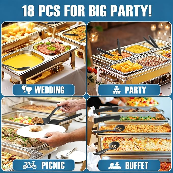 Reusable Plastic Serving Utensils Set of 18, Wheat straw Large Serving set 10" Serving Spoons/10" Slotted Spoons/9.4" Tongs, for Party Chafing Dish Buffet Catering (Black, Not for Cooking)