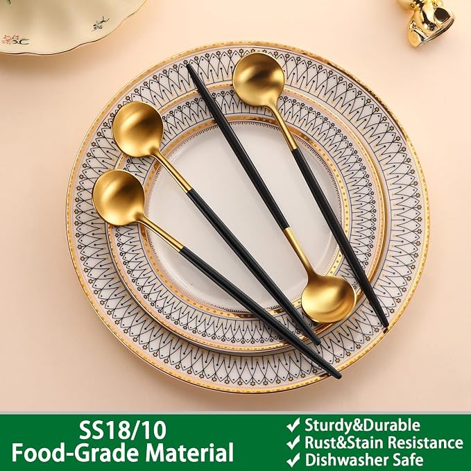 DEHOV 7.95 Inches Satin Gold SS18/10 Long Stirring Spoons With Black Handle,Elegant Iced Tea Spoons,Long Handle Mixing Spoons For Coffee,Cocktail,Ice Cream,Milk