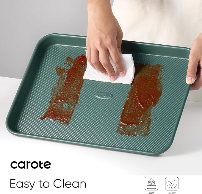 CAROTE 3-Piece Baking Sheet, Nonstick Cookie Sheets, Olive Green | 13, 15 & 17-Inch, Carbon Steel Baking Pans Set, Easy-Release, Oven Safe Up to 446°F, Even Heating, PFAS-Free, Space-Saving