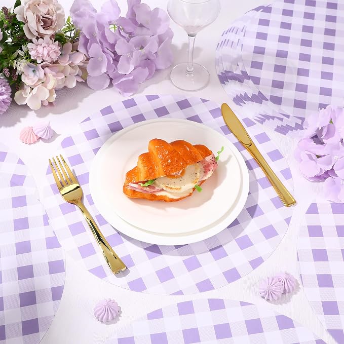 Funnymoom 60 Pcs Purple and White Gingham Disposable Paper Placemats Round Table Place Mat Summer Checkered Decorative Paper for Baby Shower Wedding Birthday Party Dinner Table Decor