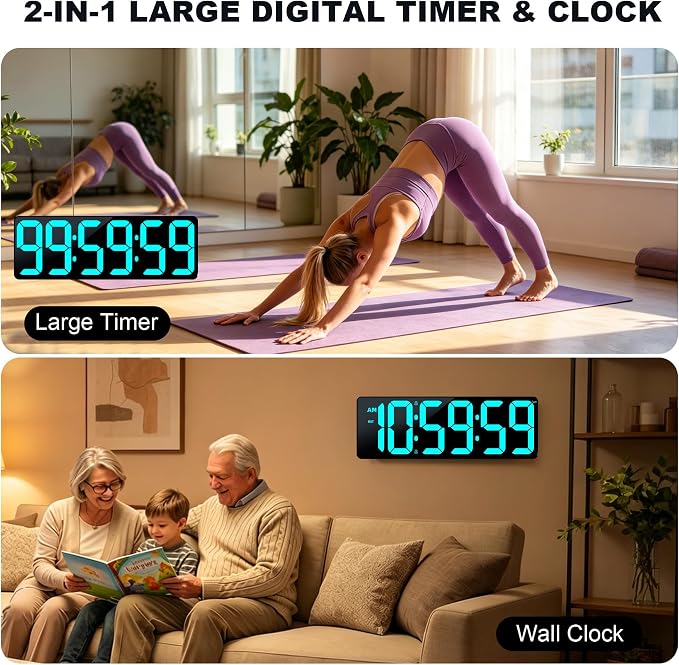 17.2" Bluetooth Digital Wall Clock with Seconds, Large Countdown Timer for Classroom Home Gym Kitchen Office, Alarm Clock with Remote Control, 4 Dimmable Brightness, Auto DST (Ice Blue)